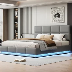 Lit coffre 180x200 cm en simili cuir PU gris clair, LED, capitonné, relevable hydraulique avec sommier à lattes et tête de lit