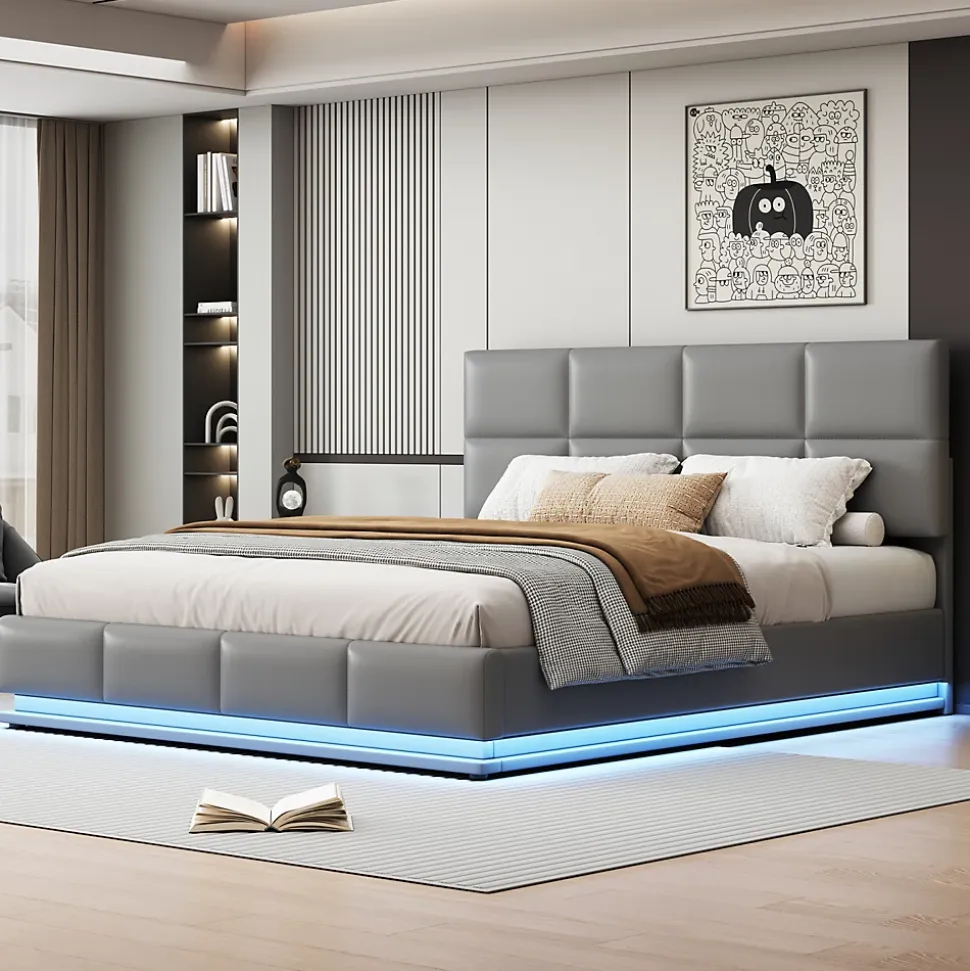 Lit coffre 180x200 cm en simili cuir PU gris clair, LED, capitonné, relevable hydraulique avec sommier à lattes et tête de lit