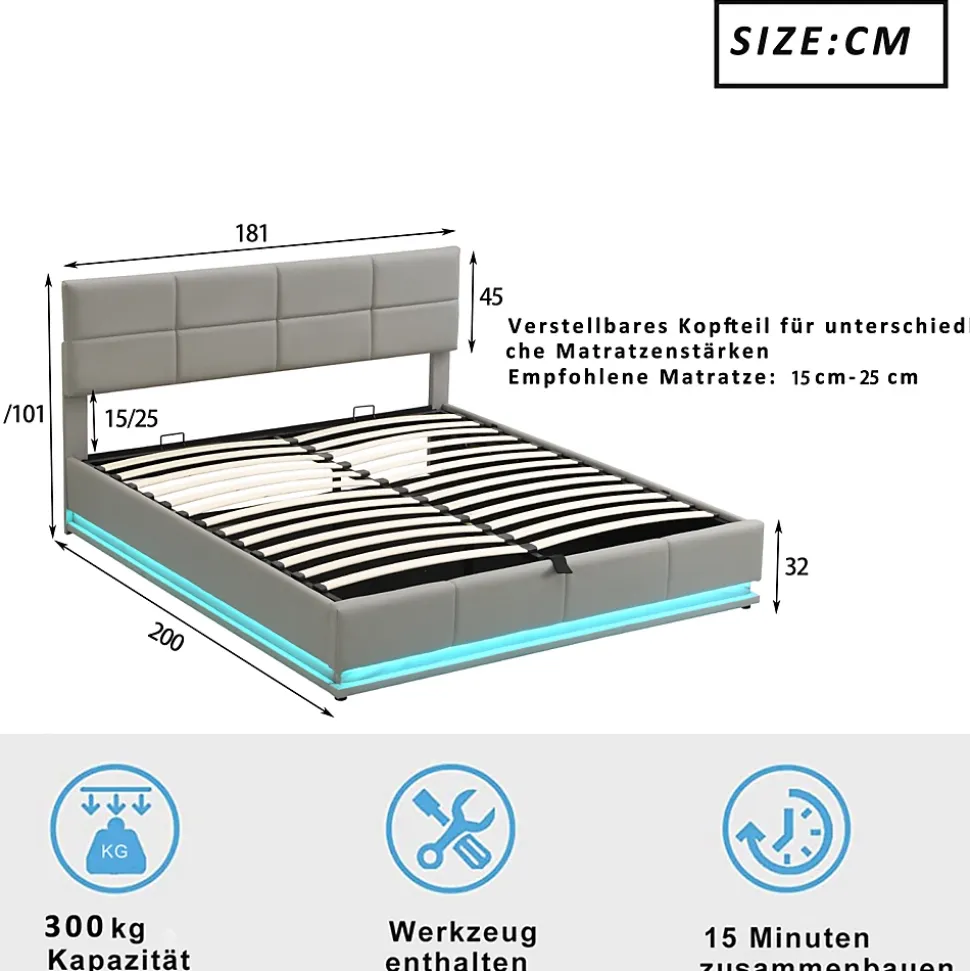 Lit coffre 180x200 cm en simili cuir PU gris clair, LED, capitonné, relevable hydraulique avec sommier à lattes et tête de lit