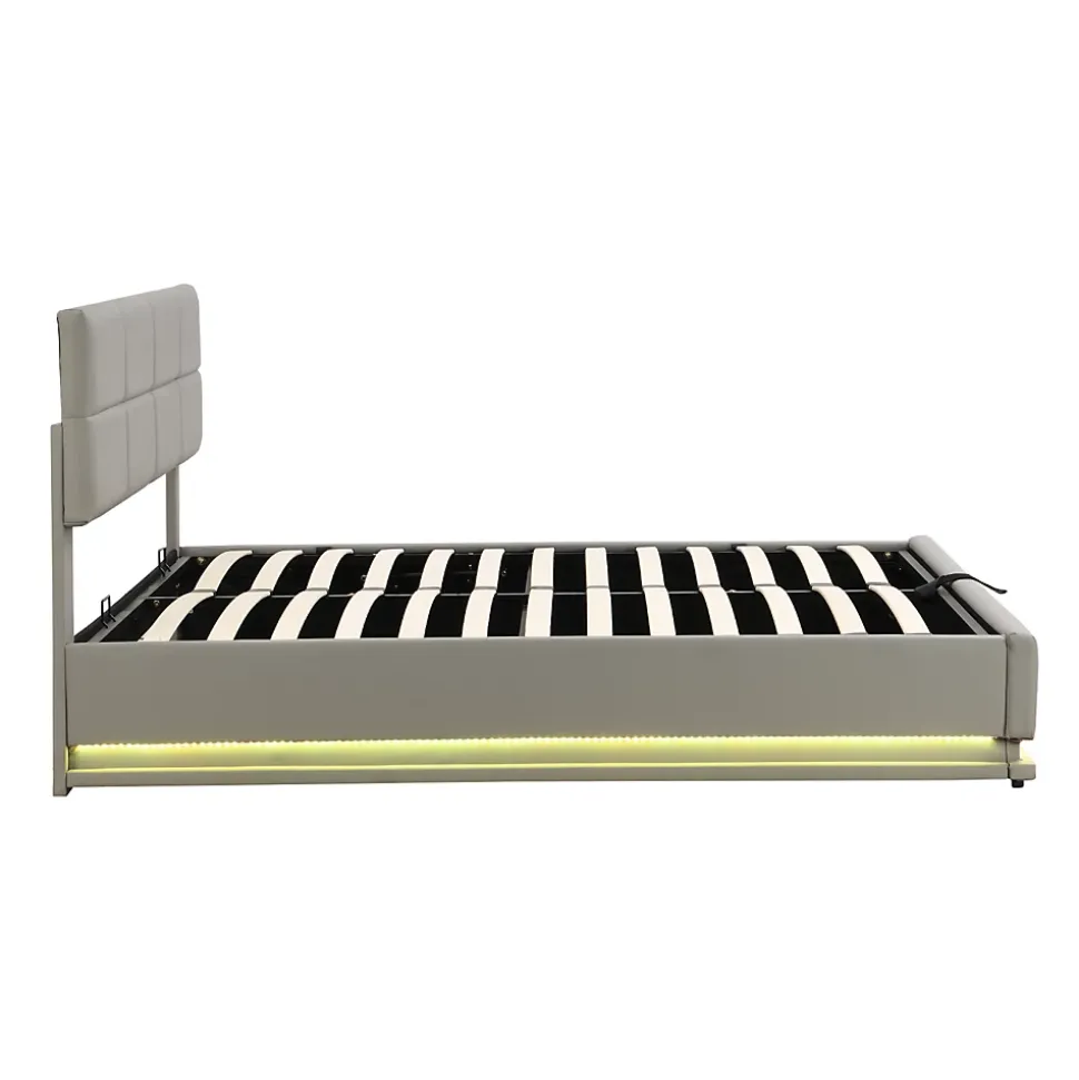 Lit coffre 180x200 cm en simili cuir PU gris clair, LED, capitonné, relevable hydraulique avec sommier à lattes et tête de lit