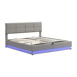 Lit coffre 180x200 cm en simili cuir PU gris clair, LED, capitonné, relevable hydraulique avec sommier à lattes et tête de lit