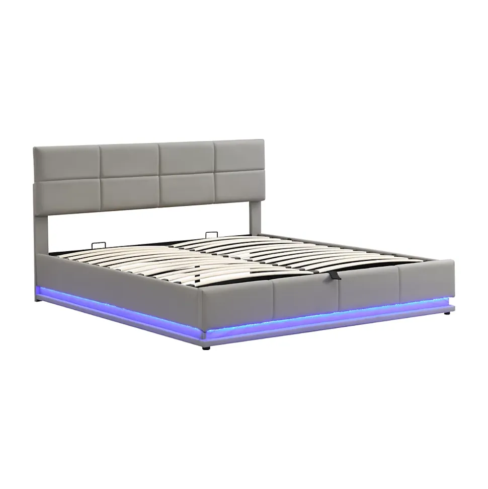 Lit coffre 180x200 cm en simili cuir PU gris clair, LED, capitonné, relevable hydraulique avec sommier à lattes et tête de lit