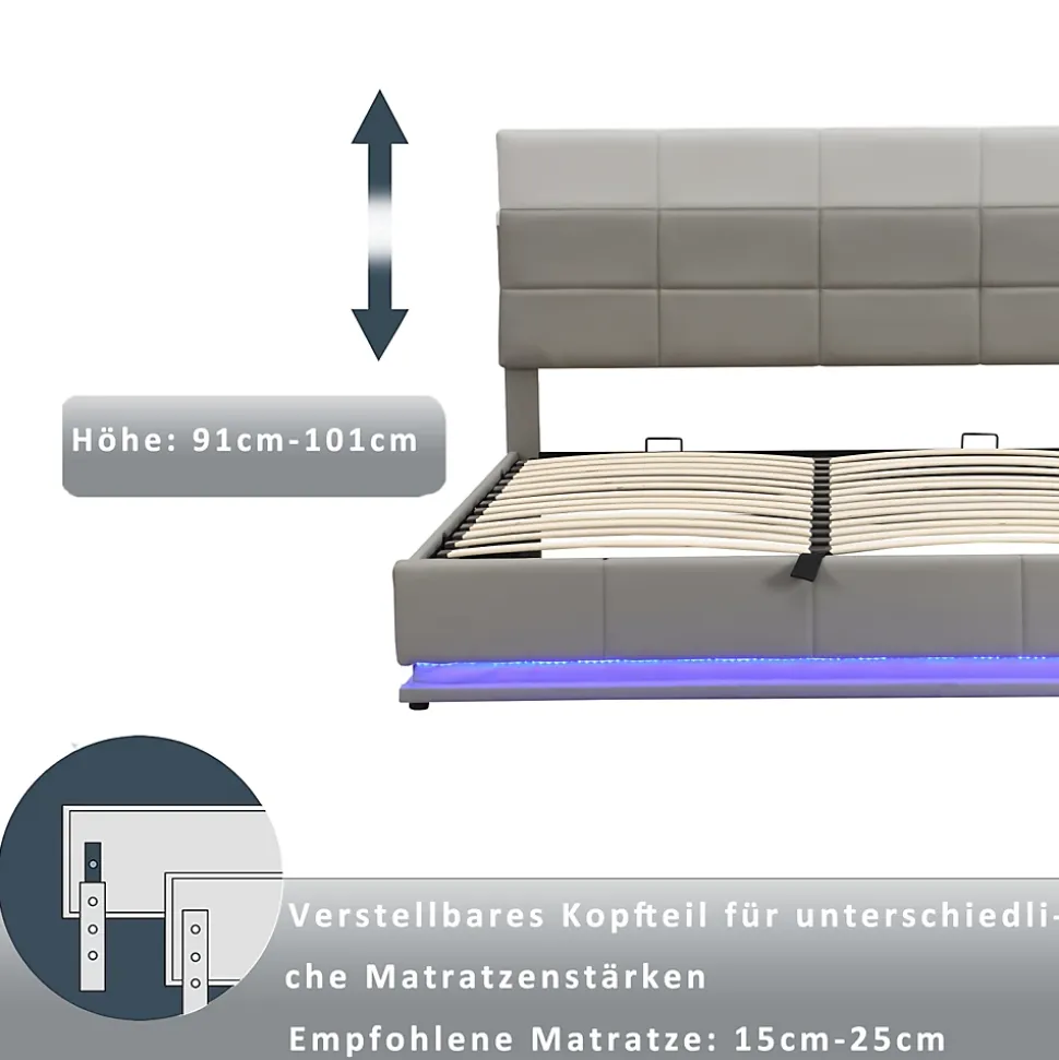 Lit coffre 180x200 cm en simili cuir PU gris clair, LED, capitonné, relevable hydraulique avec sommier à lattes et tête de lit