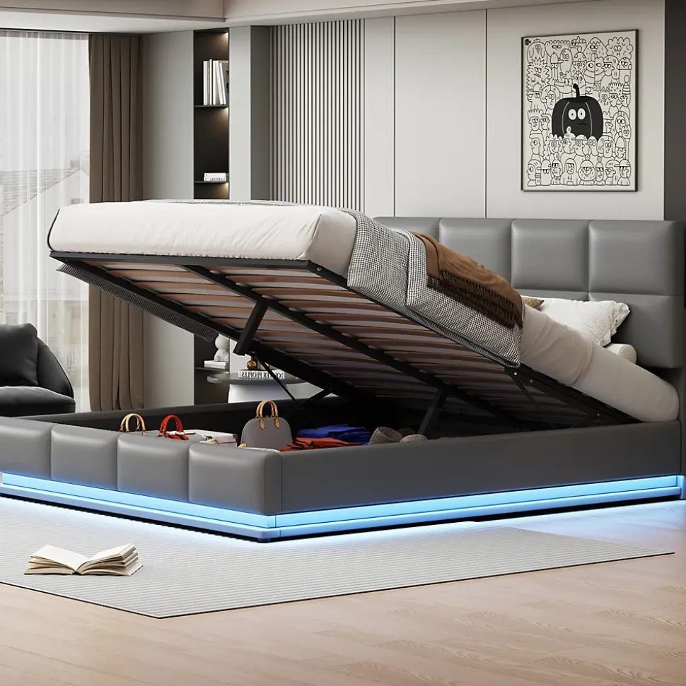 Lit coffre 180x200 cm en simili cuir PU gris clair, LED, capitonné, relevable hydraulique avec sommier à lattes et tête de lit