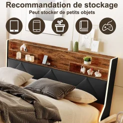 Lit coffre 160x200 cm en simili cuir noir et chêne clair, tête de lit avec rangements, prises USB et bandes LED