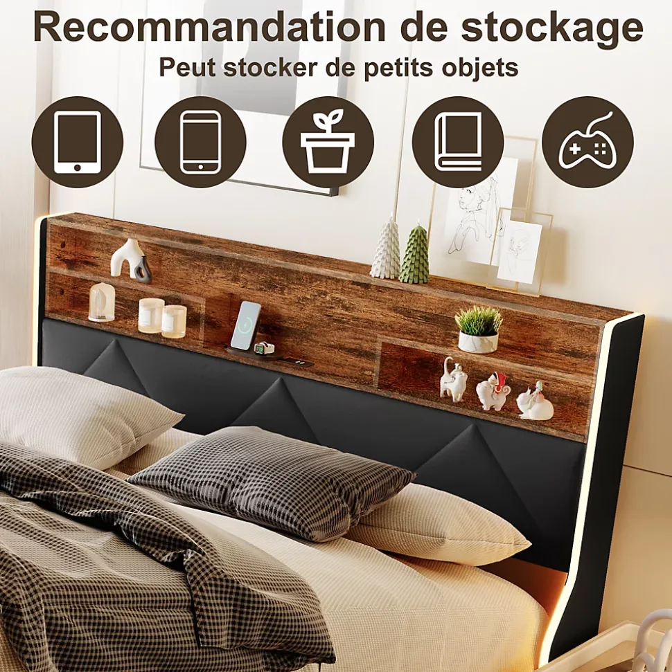 Lit coffre 160x200 cm en simili cuir noir et chêne clair, tête de lit avec rangements, prises USB et bandes LED