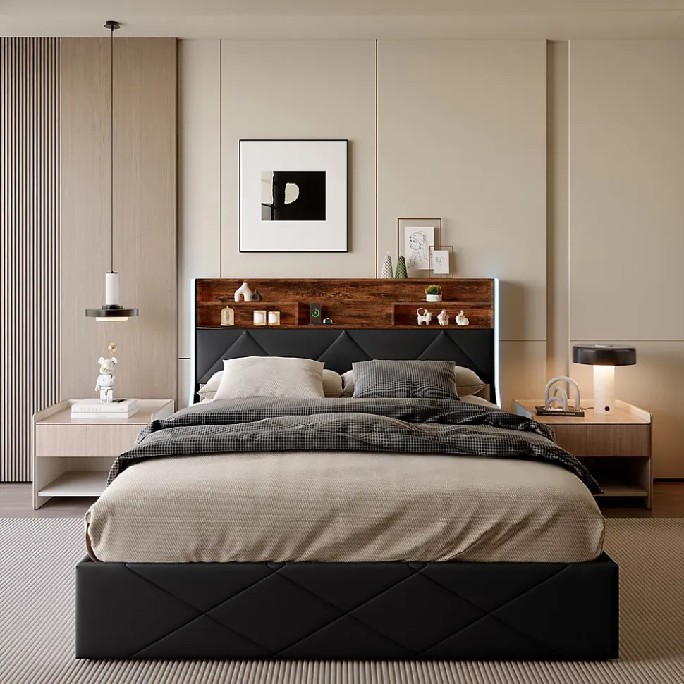 Lit coffre 160x200 cm en simili cuir noir et chêne clair, tête de lit avec rangements, prises USB et bandes LED