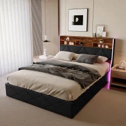 Lit coffre 160x200 cm en simili cuir noir et chêne clair, tête de lit avec rangements, prises USB et bandes LED