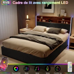Lit coffre 160x200 cm en simili cuir noir et chêne clair, tête de lit avec rangements, prises USB et bandes LED