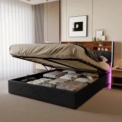 Lit coffre 160x200 cm en simili cuir noir et chêne clair, tête de lit avec rangements, prises USB et bandes LED