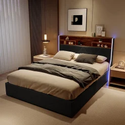 Lit coffre 160x200 cm en simili cuir noir et chêne clair, tête de lit avec rangements, prises USB et bandes LED