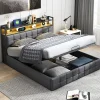 Lit coffre 140x190 cm en similicuir avec LED RGB, tête de lit avec prises USB/Type-C et rangements intégrés, Gris