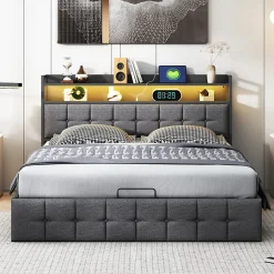 Lit coffre 140x190 cm en similicuir avec LED RGB, tête de lit avec prises USB/Type-C et rangements intégrés, Gris