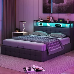 Lit coffre 140x190 cm en similicuir avec LED RGB, tête de lit avec prises USB/Type-C et rangements intégrés, Gris