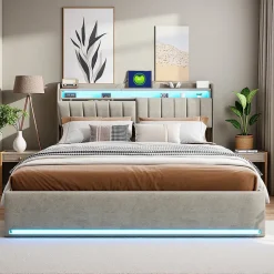 Lit coffre 140x200 cm en tissu velours gris avec tête de lit rembourrée, LED intégrées, rangement pratique, prise USB