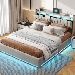 Lit coffre 140x200 cm en tissu velours gris avec tête de lit rembourrée, LED intégrées, rangement pratique, prise USB