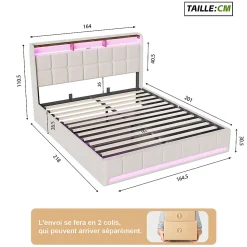 Lit Coffre 160x200 cm en Tissu avec Rangement, Tête de Lit avec LED, USB et Type-C, Sommier Relevable à Vérins, Beige