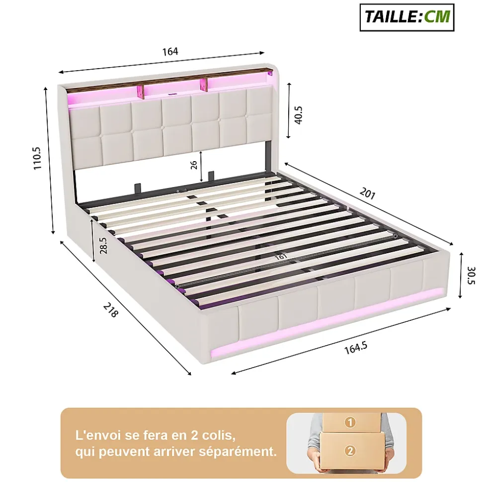 Lit Coffre 160x200 cm en Tissu avec Rangement, Tête de Lit avec LED, USB et Type-C, Sommier Relevable à Vérins, Beige