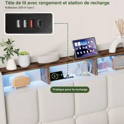 Lit Coffre 160x200 cm en Tissu avec Rangement, Tête de Lit avec LED, USB et Type-C, Sommier Relevable à Vérins, Beige