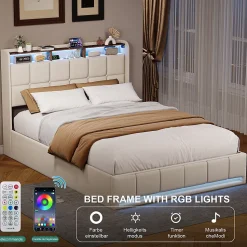 Lit Coffre 160x200 cm en Tissu avec Rangement, Tête de Lit avec LED, USB et Type-C, Sommier Relevable à Vérins, Beige