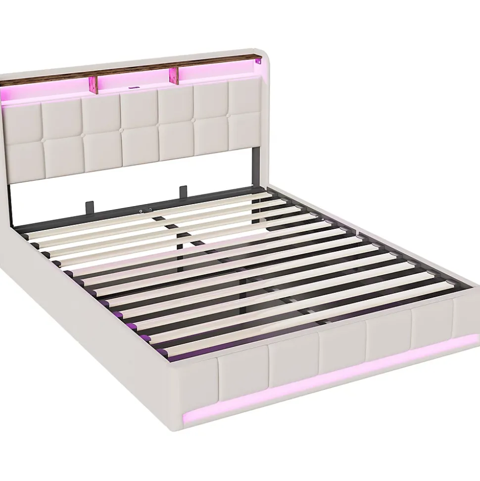 Lit Coffre 160x200 cm en Tissu avec Rangement, Tête de Lit avec LED, USB et Type-C, Sommier Relevable à Vérins, Beige
