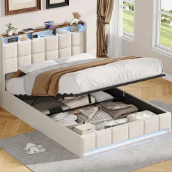 Lit Coffre 160x200 cm en Tissu avec Rangement, Tête de Lit avec LED, USB et Type-C, Sommier Relevable à Vérins, Beige