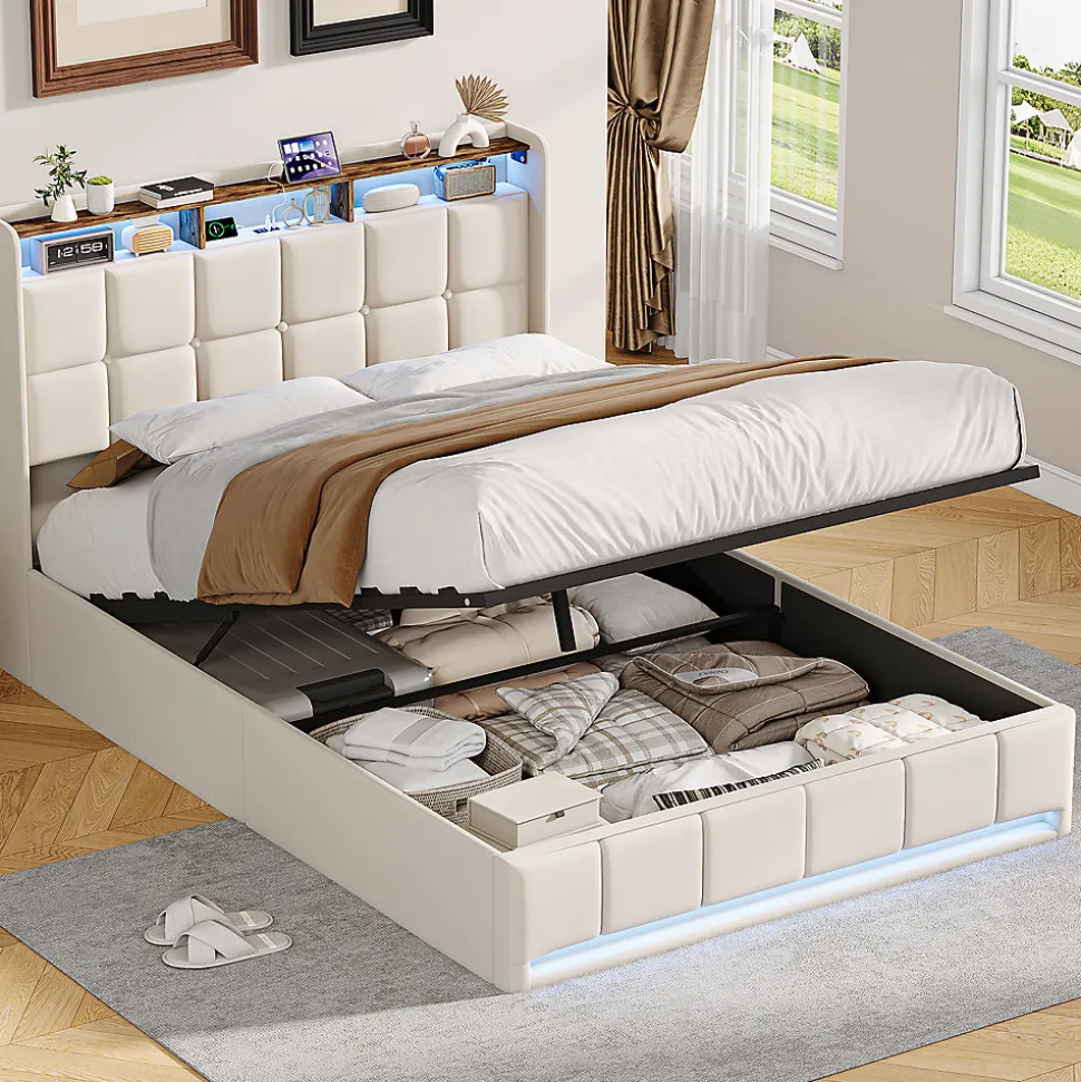 Lit Coffre 160x200 cm en Tissu avec Rangement, Tête de Lit avec LED, USB et Type-C, Sommier Relevable à Vérins, Beige