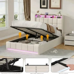 Lit Coffre 160x200 cm en Tissu avec Rangement, Tête de Lit avec LED, USB et Type-C, Sommier Relevable à Vérins, Beige
