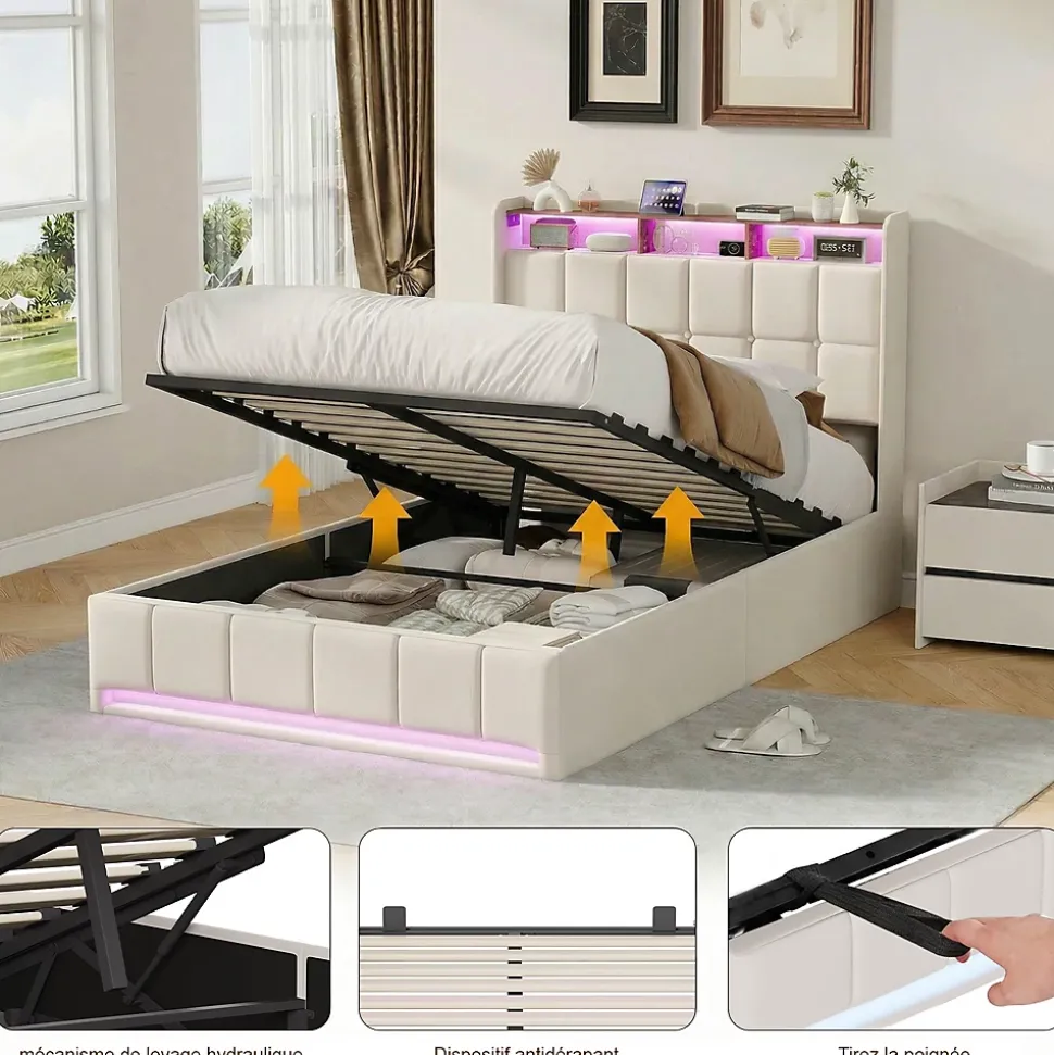 Lit Coffre 160x200 cm en Tissu avec Rangement, Tête de Lit avec LED, USB et Type-C, Sommier Relevable à Vérins, Beige