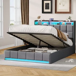 Lit Coffre 140x190 cm en Tissu avec Rangement, LED, USB et Type-C, lit double avec Sommier Relevable à Vérins, Gris
