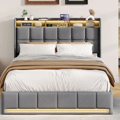 Lit Coffre 140x190 cm en Tissu avec Rangement, LED, USB et Type-C, lit double avec Sommier Relevable à Vérins, Gris