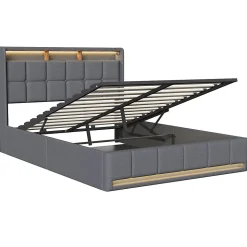 Lit Coffre 140x190 cm en Tissu avec Rangement, LED, USB et Type-C, lit double avec Sommier Relevable à Vérins, Gris