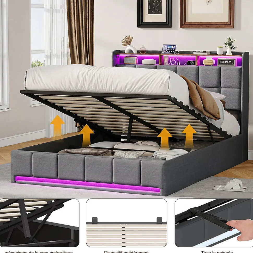 Lit Coffre 140x190 cm en Tissu avec Rangement, LED, USB et Type-C, lit double avec Sommier Relevable à Vérins, Gris