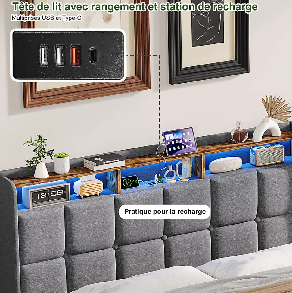 Lit Coffre 140x190 cm en Tissu avec Rangement, LED, USB et Type-C, lit double avec Sommier Relevable à Vérins, Gris