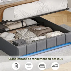 Lit Coffre 140x190 cm en Tissu avec Rangement, LED, USB et Type-C, lit double avec Sommier Relevable à Vérins, Gris