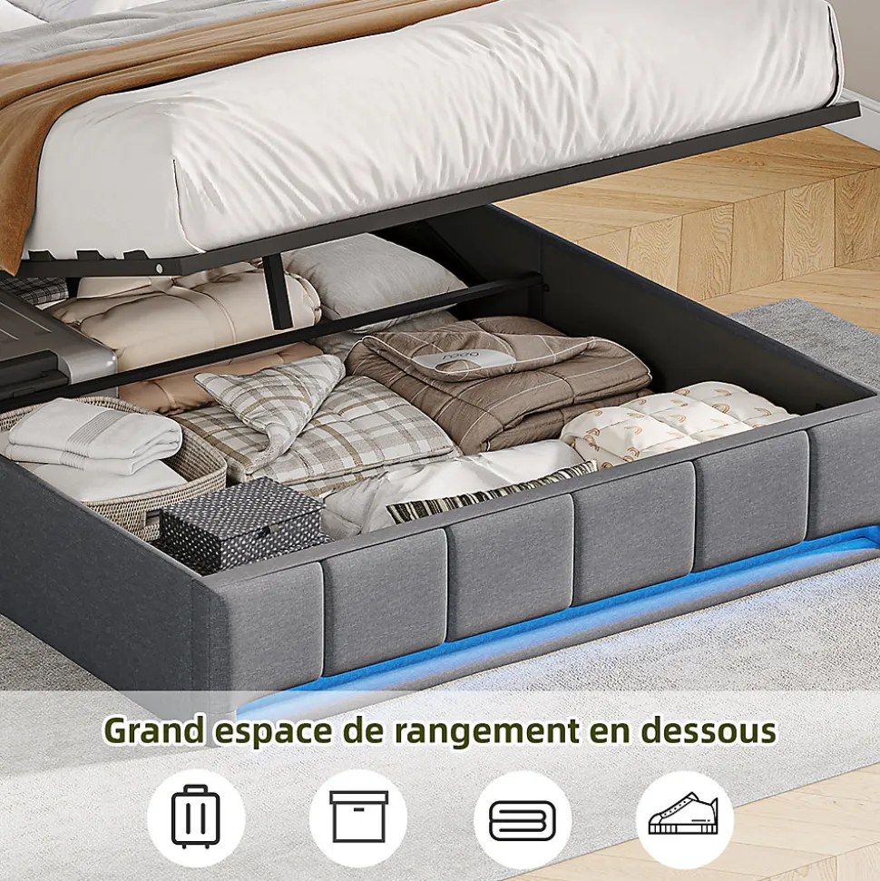 Lit Coffre 140x190 cm en Tissu avec Rangement, LED, USB et Type-C, lit double avec Sommier Relevable à Vérins, Gris