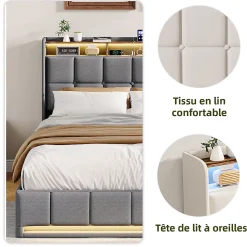 Lit Coffre 140x190 cm en Tissu avec Rangement, LED, USB et Type-C, lit double avec Sommier Relevable à Vérins, Gris
