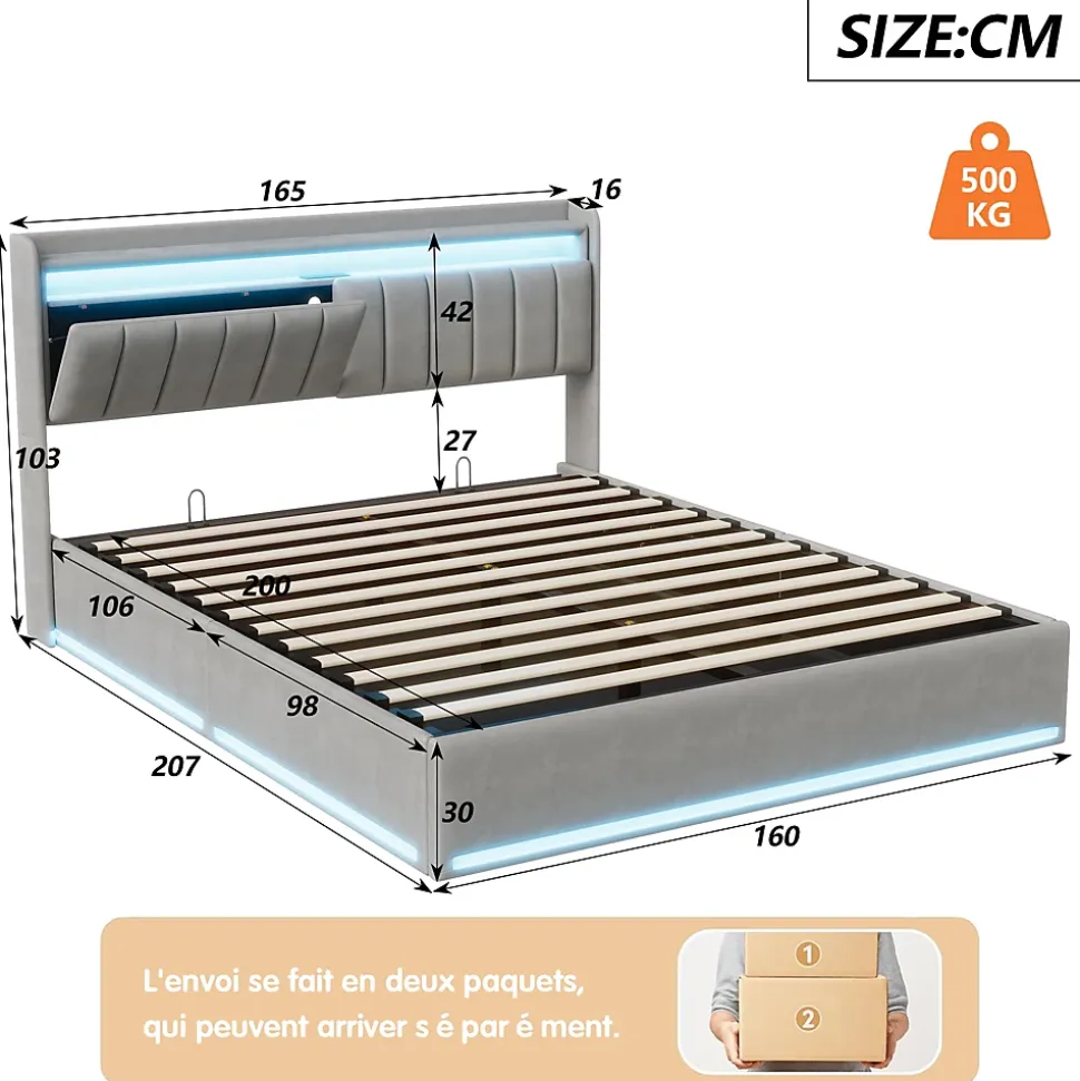 Lit coffre 160x200 cm en tissu velours gris avec tête de lit rembourrée, LED intégrées, rangement pratique, prise USB
