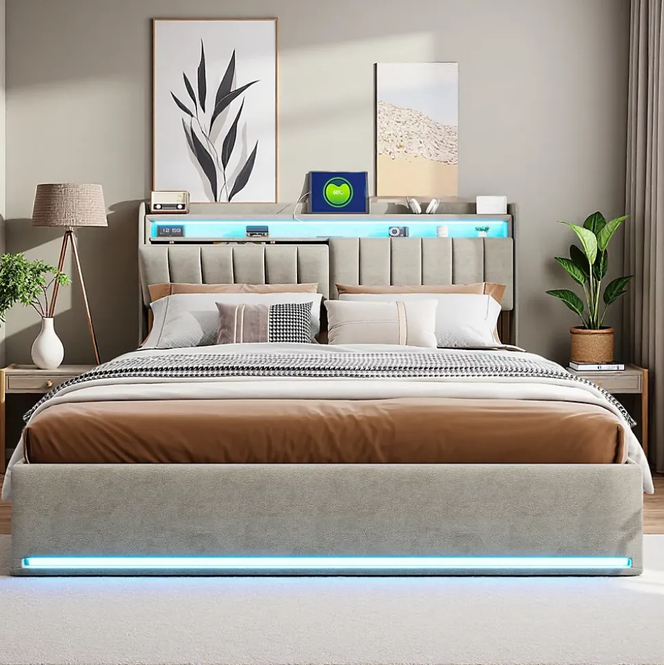 Lit coffre 160x200 cm en tissu velours gris avec tête de lit rembourrée, LED intégrées, rangement pratique, prise USB