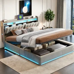 Lit coffre 160x200 cm en tissu velours gris avec tête de lit rembourrée, LED intégrées, rangement pratique, prise USB