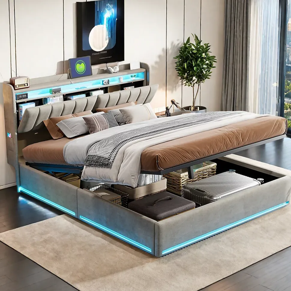 Lit coffre 160x200 cm en tissu velours gris avec tête de lit rembourrée, LED intégrées, rangement pratique, prise USB