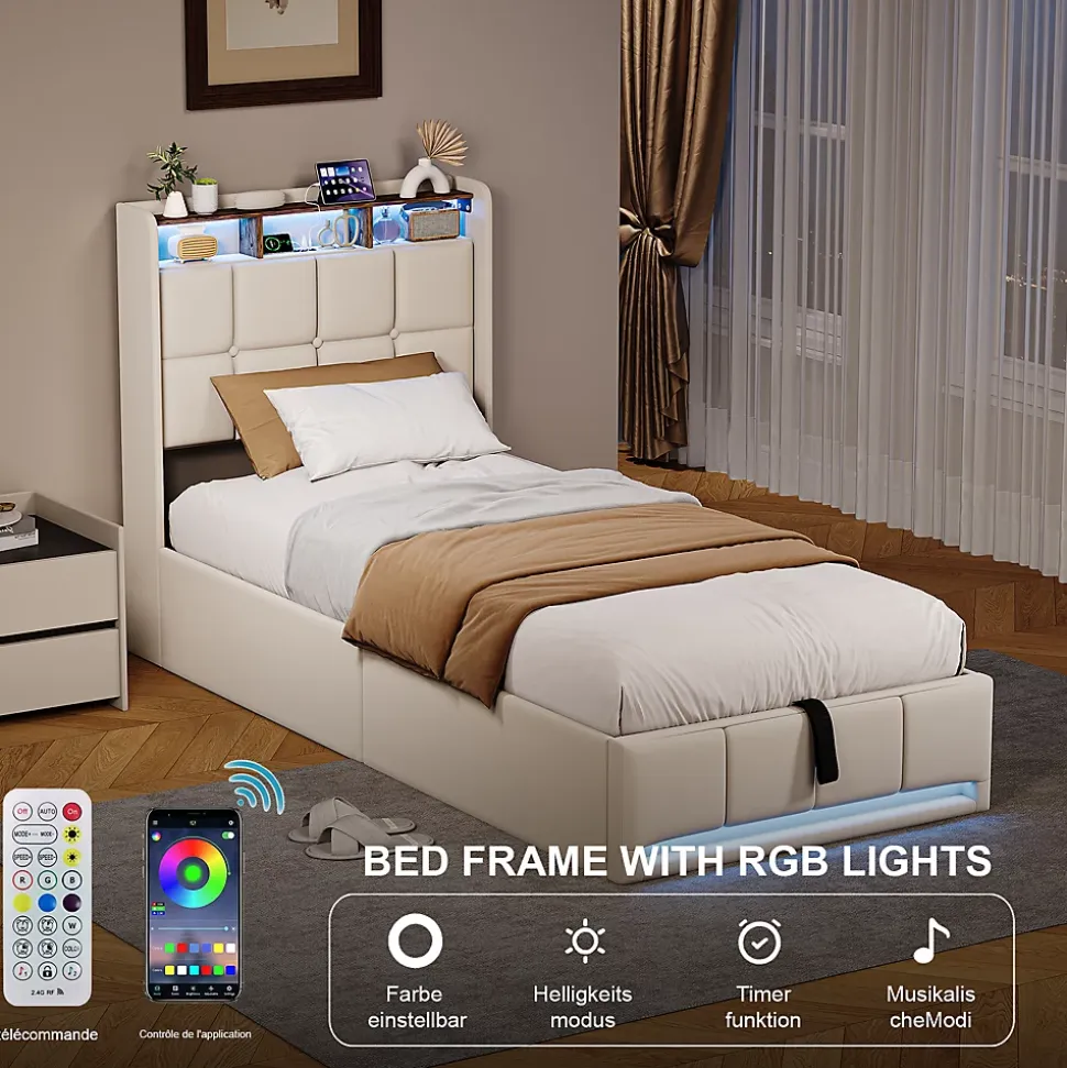 Lit Coffre 90x200 cm en Tissu avec Rangement, Tête de Lit avec LED, USB et Type-C, Sommier Relevable à Vérins, Beige