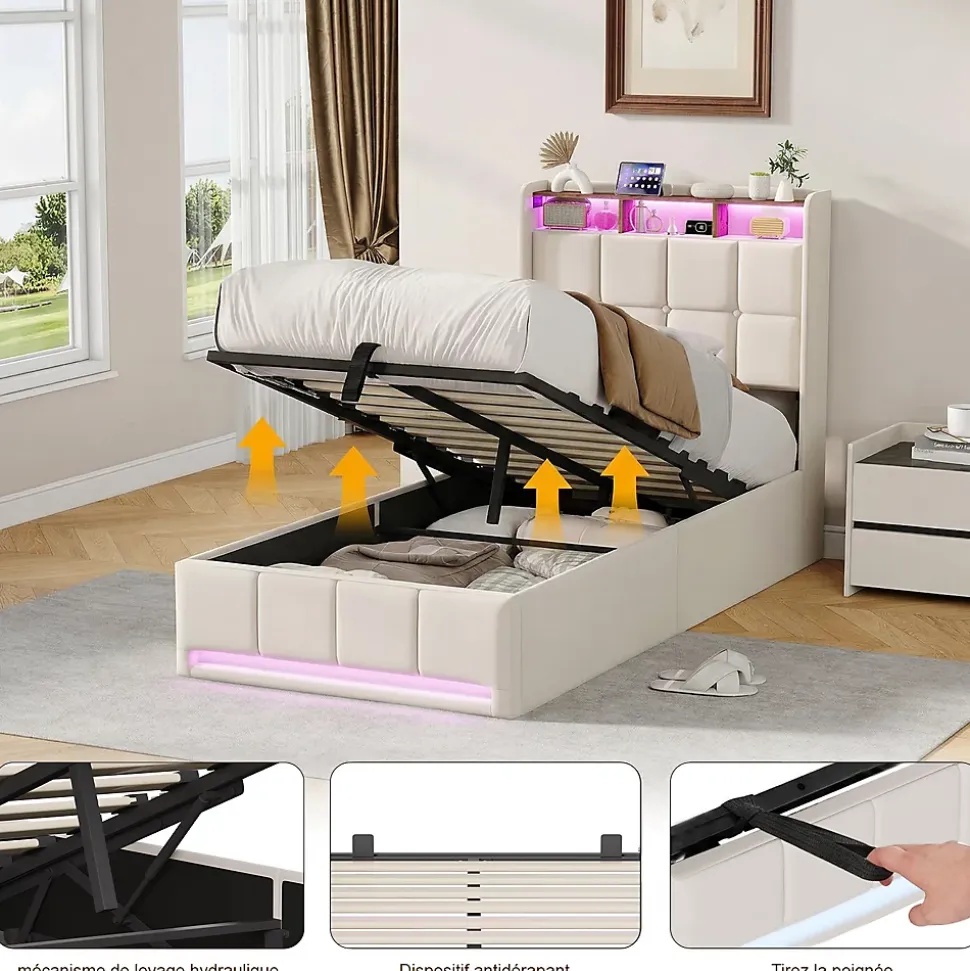 Lit Coffre 90x200 cm en Tissu avec Rangement, Tête de Lit avec LED, USB et Type-C, Sommier Relevable à Vérins, Beige