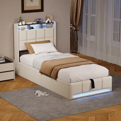 Lit Coffre 90x200 cm en Tissu avec Rangement, Tête de Lit avec LED, USB et Type-C, Sommier Relevable à Vérins, Beige