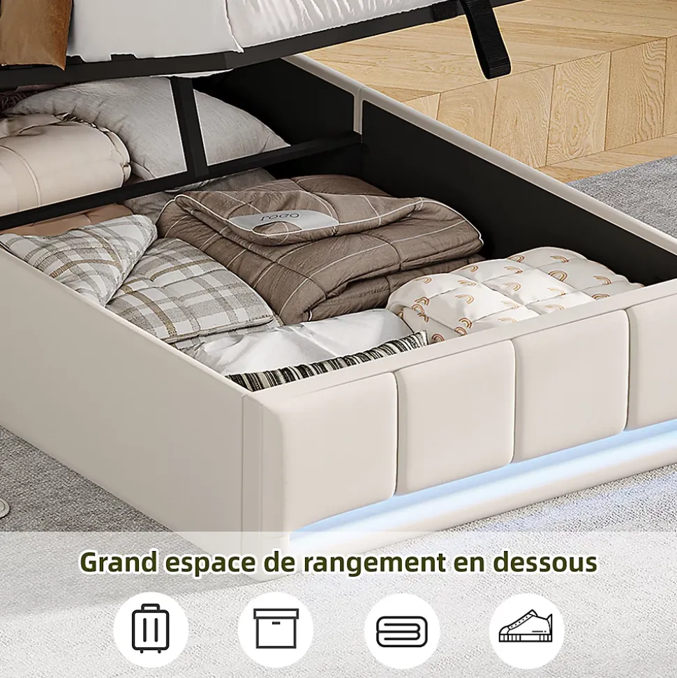 Lit Coffre 90x200 cm en Tissu avec Rangement, Tête de Lit avec LED, USB et Type-C, Sommier Relevable à Vérins, Beige