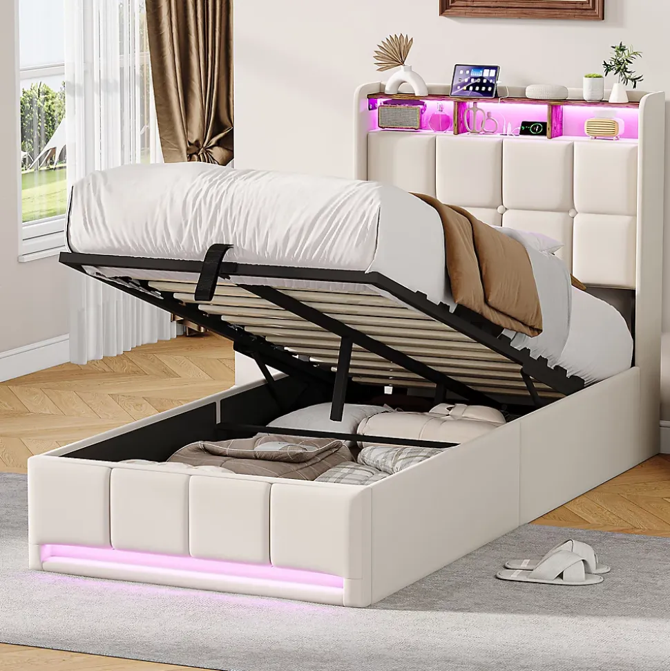 Lit Coffre 90x200 cm en Tissu avec Rangement, Tête de Lit avec LED, USB et Type-C, Sommier Relevable à Vérins, Beige