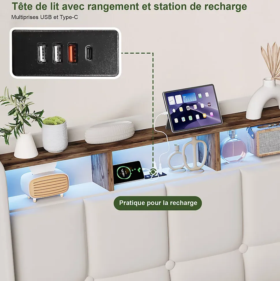 Lit Coffre 90x200 cm en Tissu avec Rangement, Tête de Lit avec LED, USB et Type-C, Sommier Relevable à Vérins, Beige