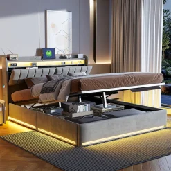 Lit coffre 160x200 cm en tissu velours avec rangement pratique, tête de lit rembourrée, lit double avec LED et prise USB, Gris