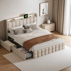 Lit coffre 160x200 cm en tissu beige avec tête rembourrée, LED, ports USB, 4 tiroirs et sommier à lattes, sans matelas