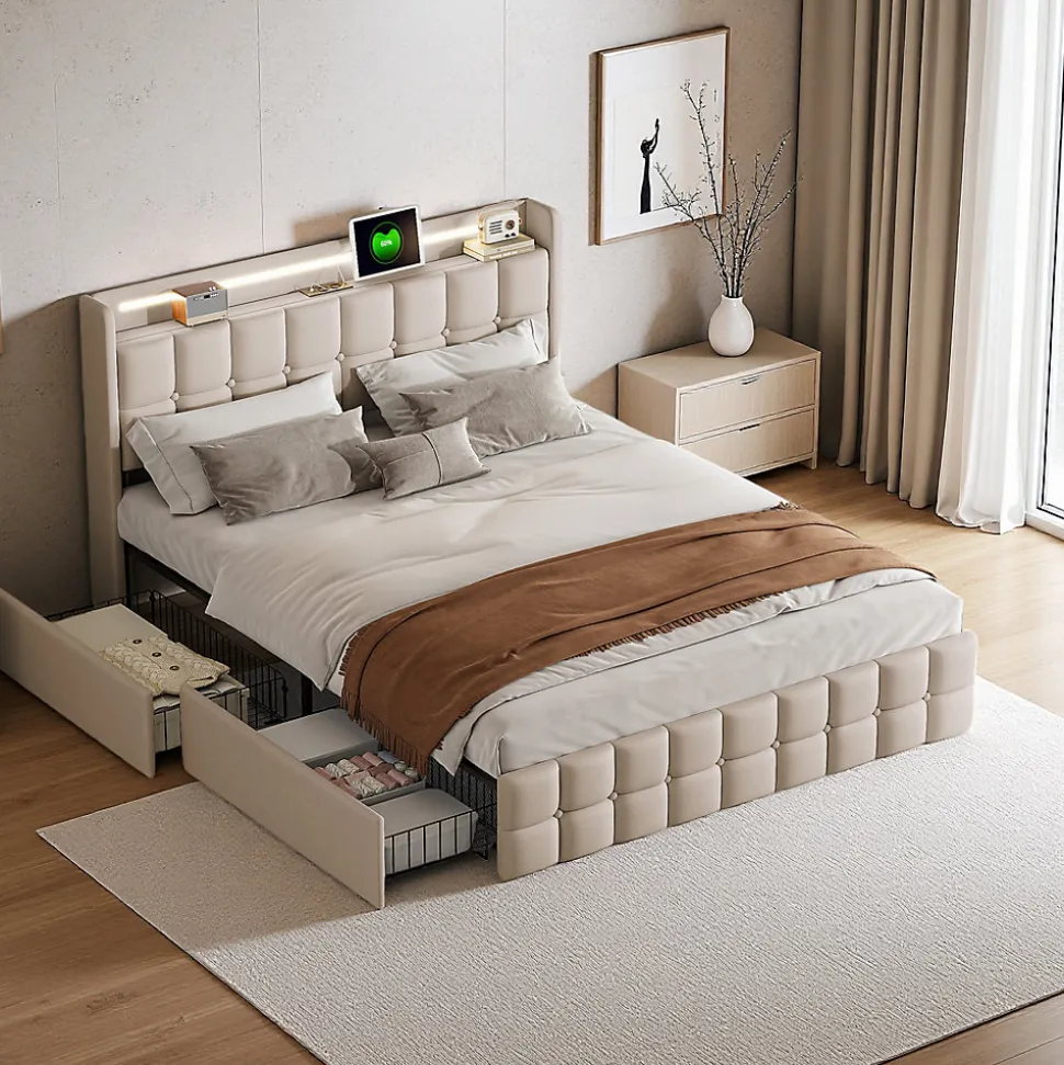 Lit coffre 160x200 cm en tissu beige avec tête rembourrée, LED, ports USB, 4 tiroirs et sommier à lattes, sans matelas